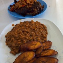 A picture of Beans and Plantain with Fish Irish Potatoes.