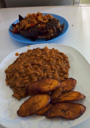 A picture of Beans and Plantain with Fish Irish Potatoes.