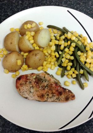 A picture of spring onion & herb chicken with new potato's & vegetables (serves 2).
