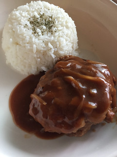 A picture of Japanese Hamburg Steak + Demi-Glace Sauce with Rice.