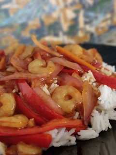 A picture of Shrimp with Sweet and Sour Sauce and Basmati Rice!.