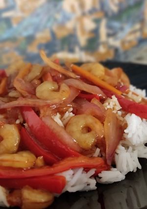 A picture of Shrimp with Sweet and Sour Sauce and Basmati Rice!.