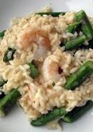 A picture of Lemon Risotto with Shrimp and Asparagus.