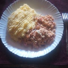 A picture of Mashed Potatoes and Fried Eggs.