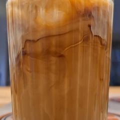 A picture of Indonesian-style Sweet Iced Coffee (manual brew) with Coconut Sugar.