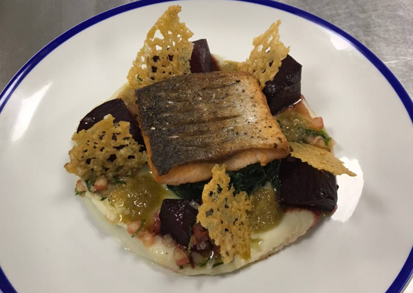 Salmon,Balsamic beetroot, sweet potato purée, spinach, sauce vierge, raisin&caper vinaigrette