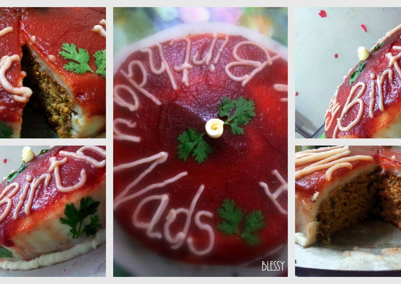 Chicken keema cake with Mashed Potato icing and tomato Ketchup
