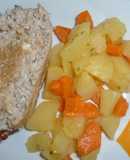 Rolo de carne recheado com batata e cenoura salteadas