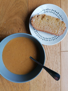A picture of Curried red lentil and potato soup.