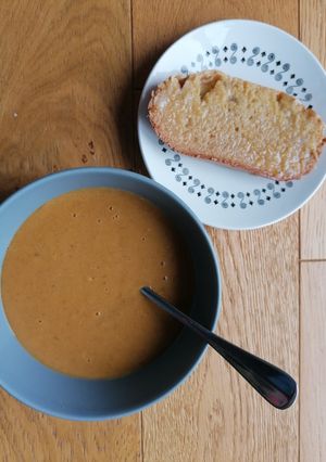 A picture of Curried red lentil and potato soup.