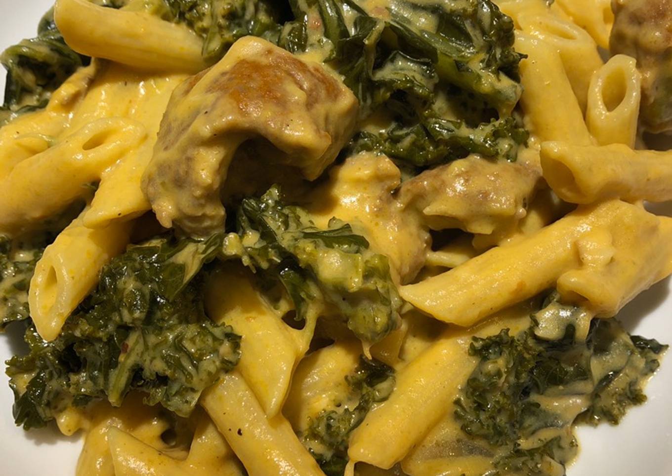 Creamy Pumpkin 🎃, Sausage and Kale 🥬 Pasta 🍝