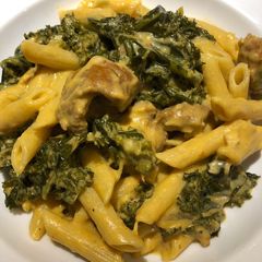 A picture of Creamy Pumpkin 🎃, Sausage and Kale 🥬 Pasta 🍝.