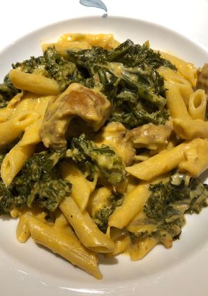 A picture of Creamy Pumpkin 🎃, Sausage and Kale 🥬 Pasta 🍝.