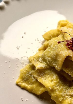 A picture of Maltagliati with creamy saffron leeks and pecorino.