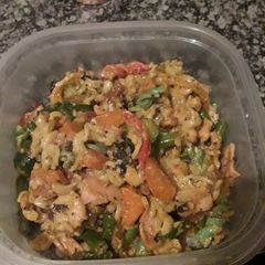 A picture of Shrimp, pasta & veg stirfry.