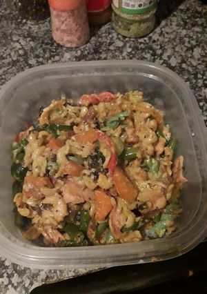 A picture of Shrimp, pasta & veg stirfry.