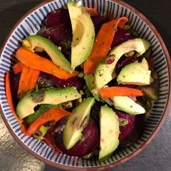 A picture of Winter root vegetable salad with pistachios and avocado 🥕🍠.
