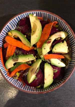 A picture of Winter root vegetable salad with pistachios and avocado 🥕🍠.