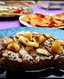 Smoked Beef Tenderloin with Confit Garlic, Sweet Potato Chips, and Grilled Vegetables
