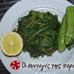 A picture of Salad with amaranth greens, zucchinis and potatoes.