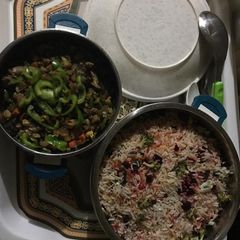A picture of Vegetable Sauce with fried Rice.