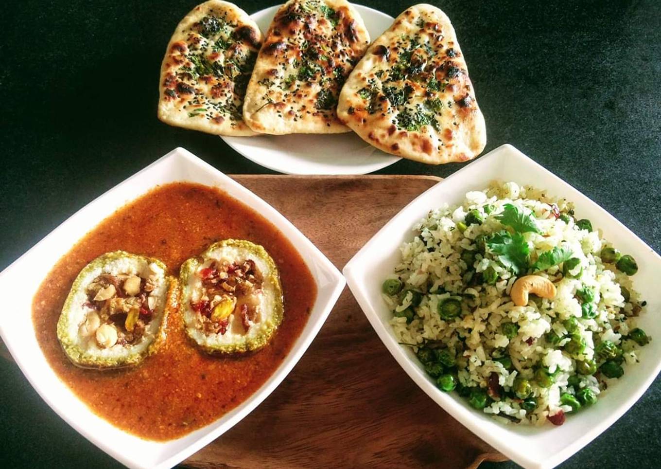 Matar Paneer Koftas, tawa coriander naan with methi matar pulao