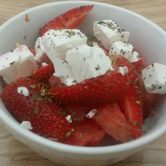 A picture of Water melon, strawberry & feta cheese salad.