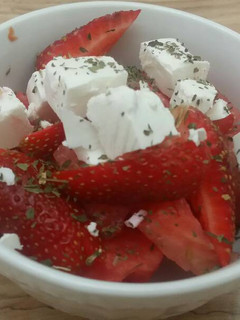 A picture of Water melon, strawberry & feta cheese salad.