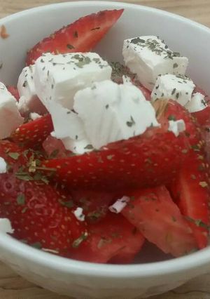 A picture of Water melon, strawberry & feta cheese salad.