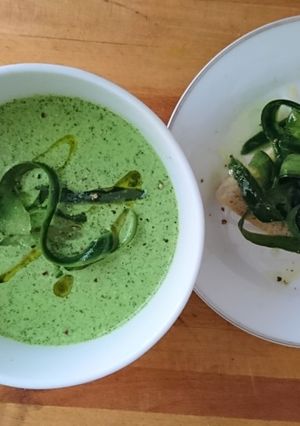 A picture of Green Gazpacho with Cucumber Bruschetta.