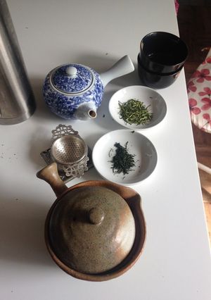 A picture of Japanese green tea leaf - refreshed and revived again.