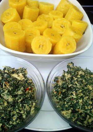 A picture of Boiled plantain with mashed sardine,egg and vegetable.