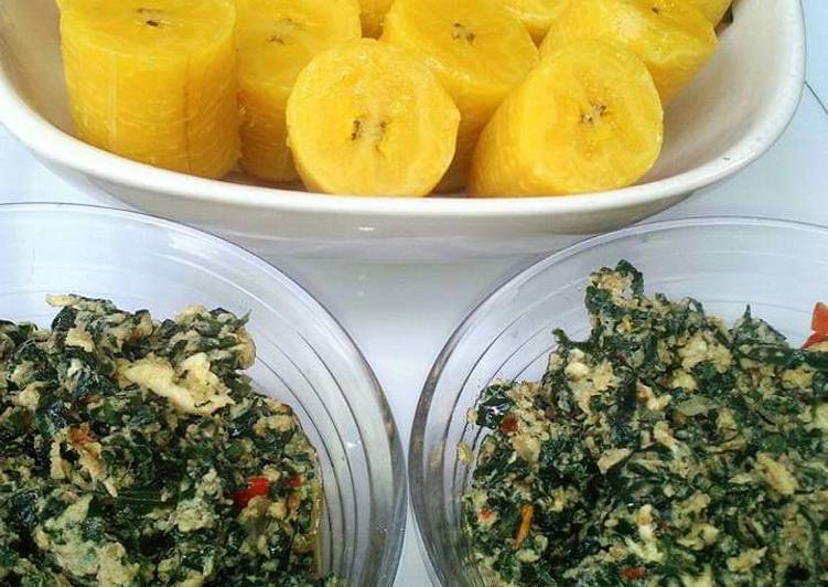 Boiled plantain with mashed sardine,egg and vegetable