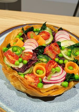 A picture of Phyllo Tart with Vegetables and Cheese 🧀🥕🫛🍅.