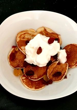A picture of My Tiny Pancakes, Dried fruit & Greek plain yogurt bowl.