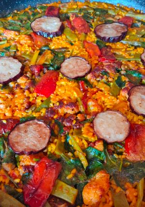 A picture of Paella with Vegetables and Pork Ribs.