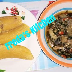 A picture of Garden egg sauce with unripe plantain.