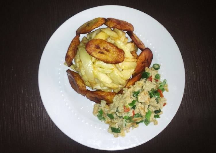 Fry Irish potatoes, plantain with scrambled egg