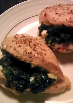 A picture of Chicken stuffed with spinach and goat cheese.