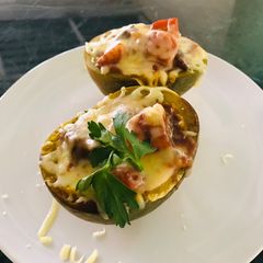 A picture of Stuffed Cheesy Pumpkin 🎃 🫕 🥩.