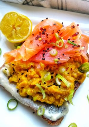 A picture of Tumeric Scrambled Eggs & Smoked Salmon On Toast.