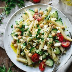 Warm Pasta Salad with Cucumber, Cherry Tomatoes, and Chickpeas A picture of Warm Pasta Salad with Cucumber, Cherry Tomatoes, and Chickpeas.