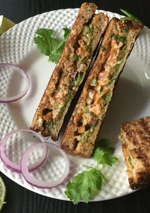 A picture of Paneer Tikka Sandwiches with Tandoori Mayonnaise.