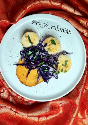 A picture of Scallops with Cabbage and Butternut Squash.