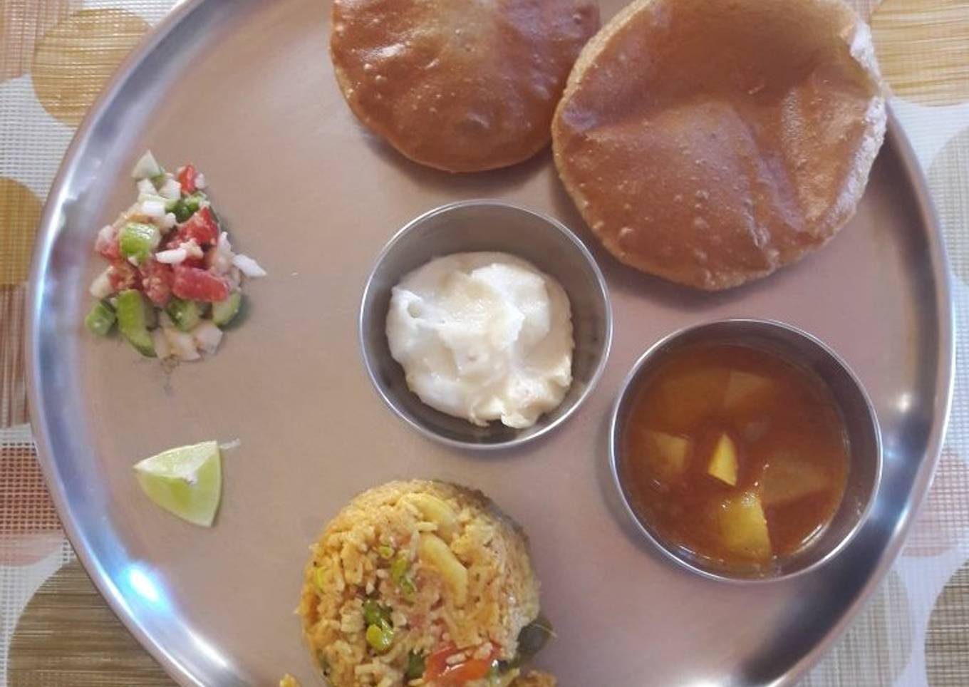 Puri, batata rassa, Masalebhat, shrikhand & Koshimbir