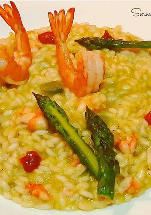 A picture of Asparagus Risotto with Shrimp and Shell Reduction.