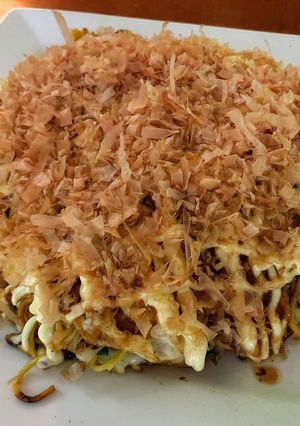 A picture of Hiroshima - Style Okonomiyaki.