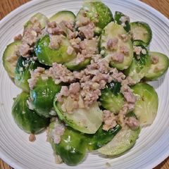 A picture of Ground Pork with Brussels.