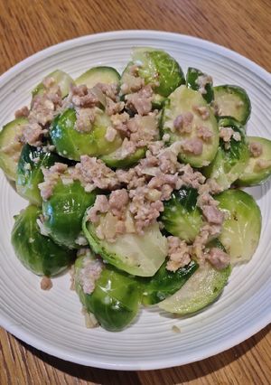 A picture of Ground Pork with Brussels.