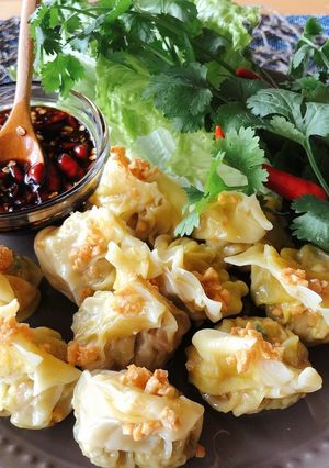 A picture of Easy Dumpling |Shrimp & Pork Dumpling with Spicy Dipping Sauce •Kanom Jeeb •.